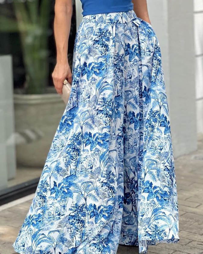Puff Sleeve Printed Long Dress Two Piece Set
