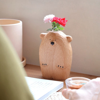 Wood Carving Bear with Flower Vase