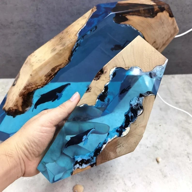 Large Epoxy Resin Wood Light Lamp, Diver and Humpback whale