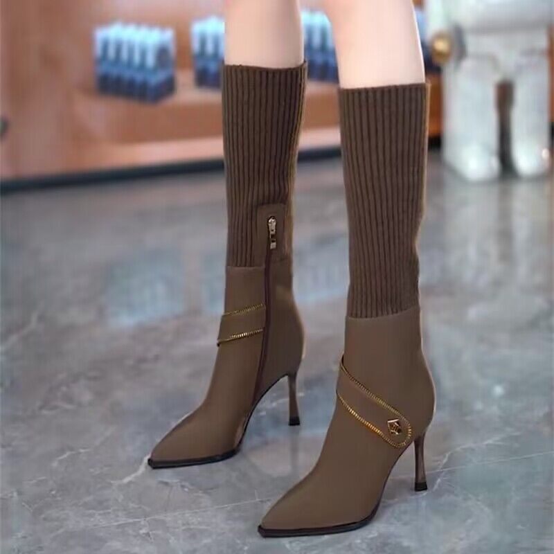 Knitted Long Lointed Toe Stiletto Boots
