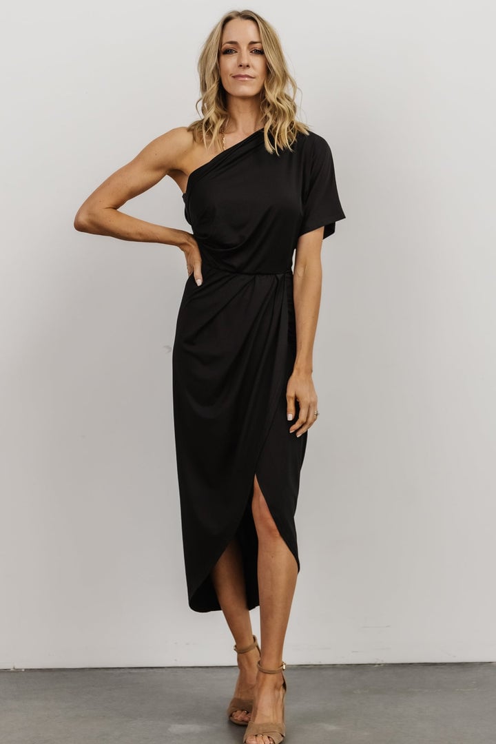 One-Shoulder Pleated Midi Dress (Buy 2 free shipping)