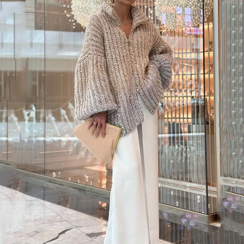 Knitted Sweater Jacket With Solid Color Sequins