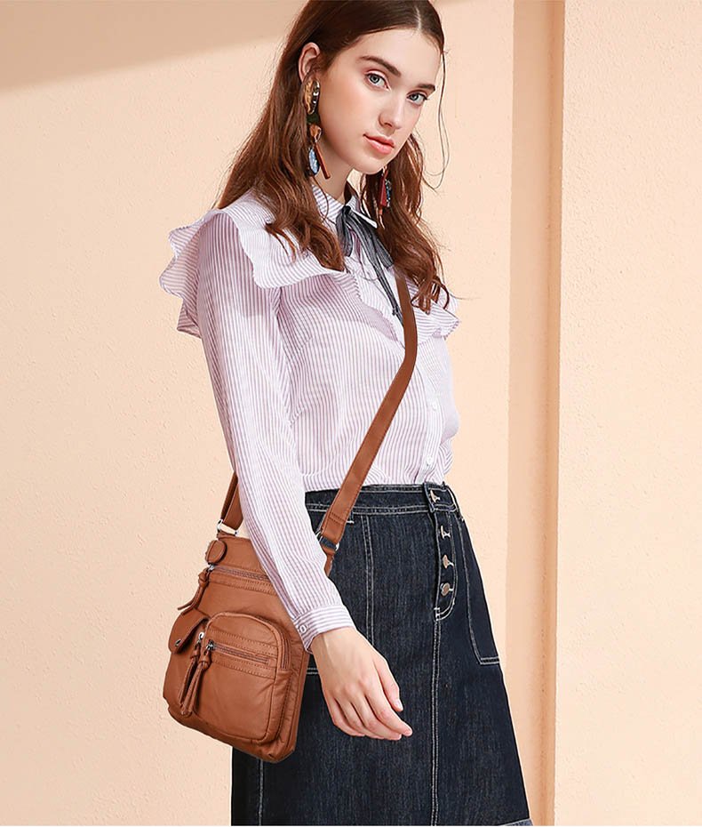 Multi-pocket crossbody bag soft leather shoulder bag