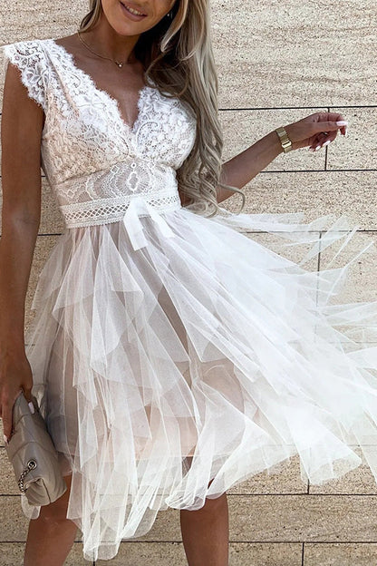 V-Neck Lace Sleeveless Layered Midi Dress