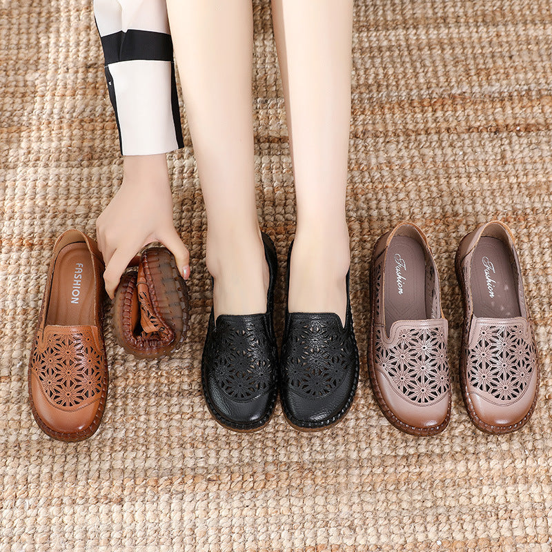 Comfortable Soft Bottom Breathable Non-Slip Engraved Retro Ladies Leather Shoes