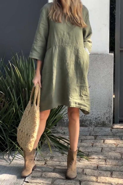 Casual solid color cotton and linen dress