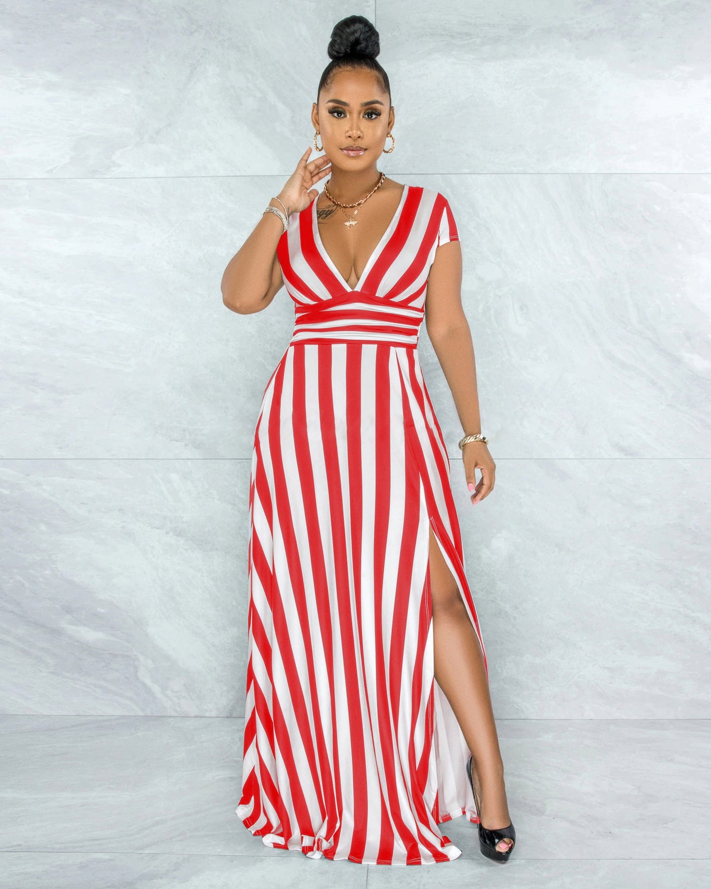 Sexy Striped High Waist Maxi Dress