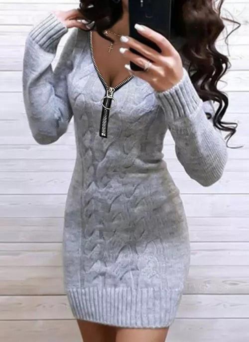 Casual Solid Sweater V-Neckline Bodycon Dress