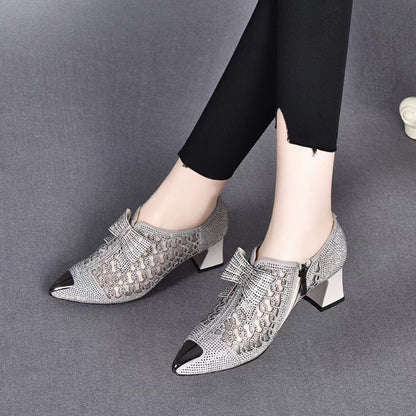 Casual Rhinestone Hollow Chunky Heel Shoes And New Belt Buckle Solid Color Plus Size Women's Sandals