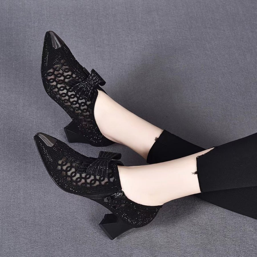 Casual Rhinestone Hollow Chunky Heel Shoes And New Belt Buckle Solid Color Plus Size Women's Sandals