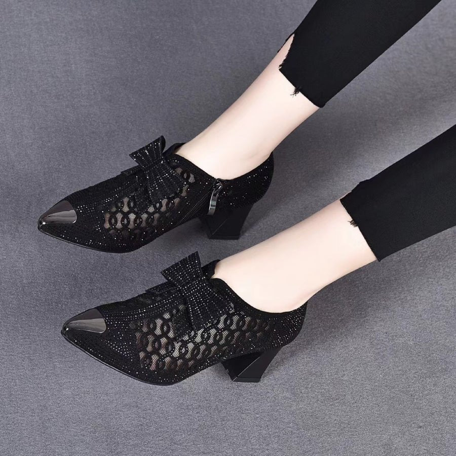 Casual Rhinestone Hollow Chunky Heel Shoes And New Belt Buckle Solid Color Plus Size Women's Sandals