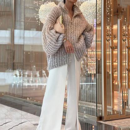 Knitted Sweater Jacket With Solid Color Sequins