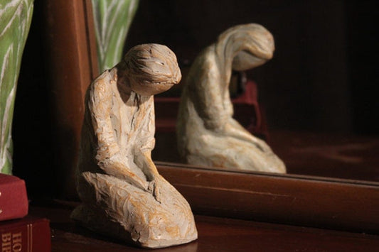 Sweet Hour of Prayer, beautiful hand cast inspirational sculpture of woman praying