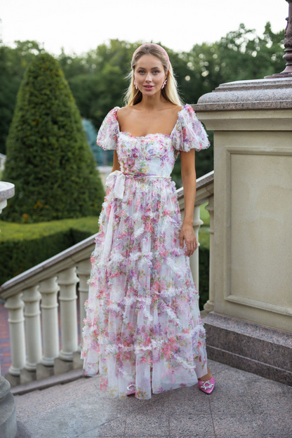 Sweet and fresh puff-sleeved floral mesh dress with earrings