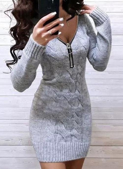 Casual Solid Sweater V-Neckline Bodycon Dress