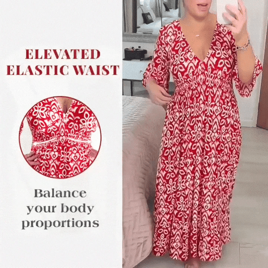 Bohemian Casual Print V-Neck Waist Wrap Long Dress