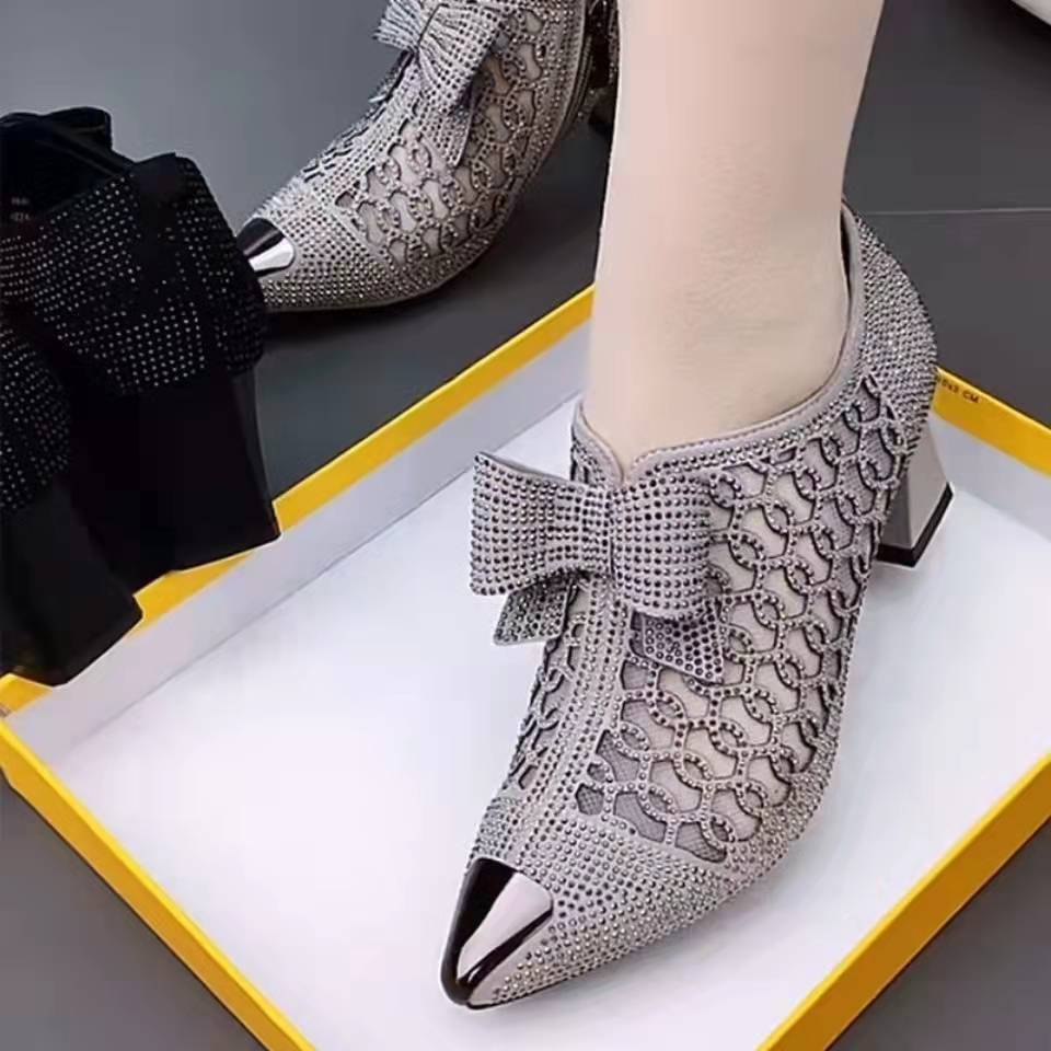 Casual Rhinestone Hollow Chunky Heel Shoes And New Belt Buckle Solid Color Plus Size Women's Sandals