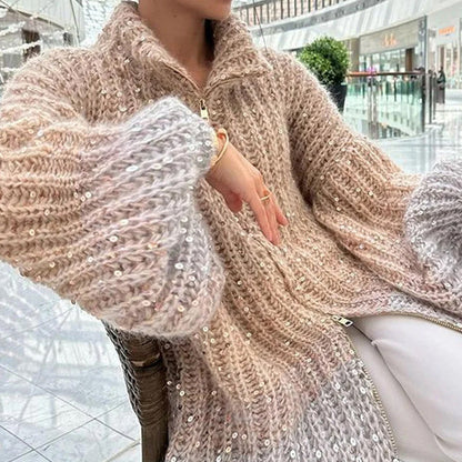 Knitted Sweater Jacket With Solid Color Sequins