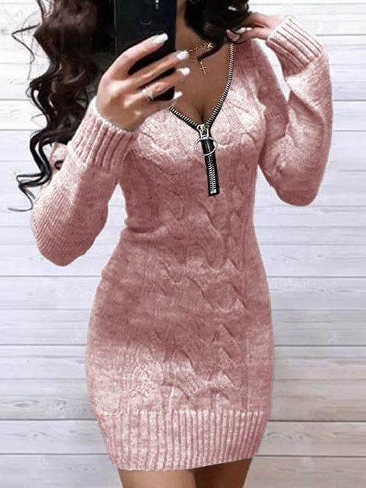 Casual Solid Sweater V-Neckline Bodycon Dress