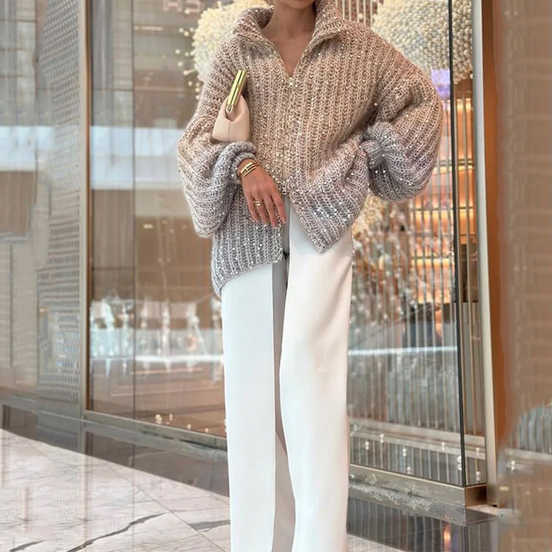 Knitted Sweater Jacket With Solid Color Sequins