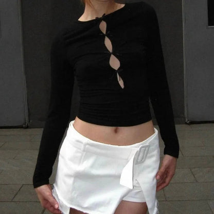 Elegant Hollow Slim Long Sleeve Bow Sexy Cropped Top Y2K Spring Clothing