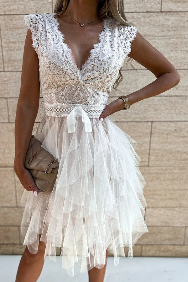 V-Neck Lace Sleeveless Layered Midi Dress