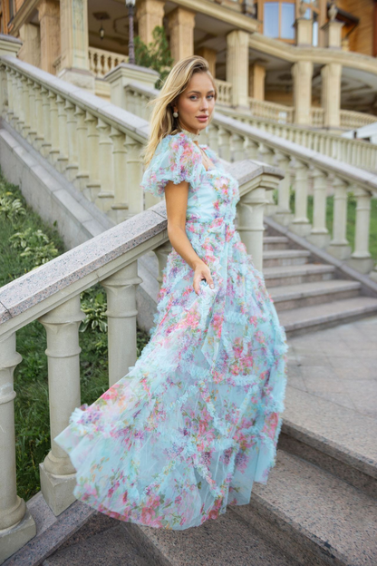 Sweet and fresh puff-sleeved floral mesh dress with earrings