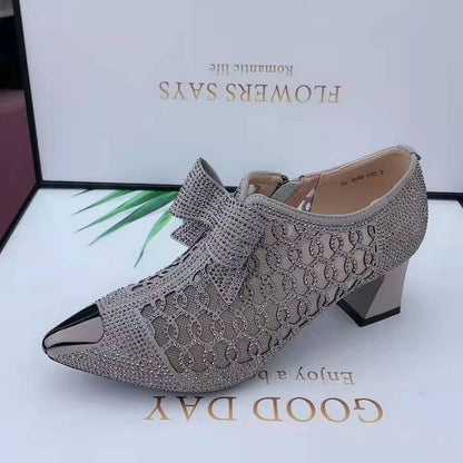 Casual Rhinestone Hollow Chunky Heel Shoes And New Belt Buckle Solid Color Plus Size Women's Sandals